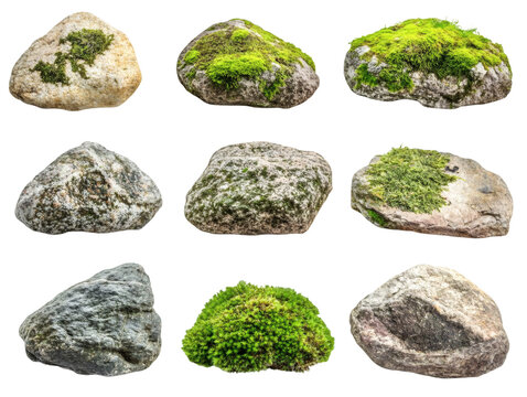 Set of moss-covered rocks isolated on transparent background