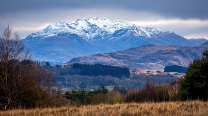 Snow-capped mountain range under cloudy skies with lush valleys and distant trees