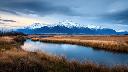 Majestic snow-capped mountains reflect in a serene river at twilight, surrounded by golden grasslands