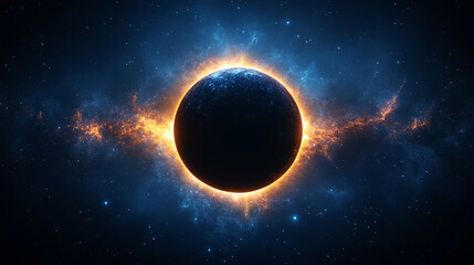 Obraz premium A massive black hole at the center of a cosmic nebula, symbolizing the gravitational pull of the universe, surrounded by a storm of light and shadows in the vastness of space