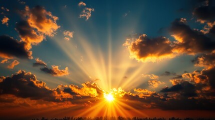 Majestic sunrise casting golden rays over a tranquil landscape with silhouetted trees