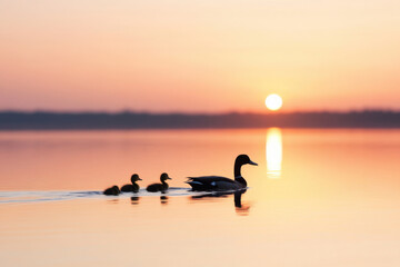 Fototapeta premium A mother duck and her three ducklings are swimming in a lake