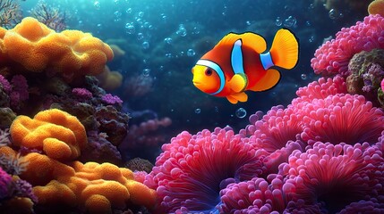 Obraz premium A detailed underwater scene of a coral reef, with colorful fish and anemones creating a vibrant ecosystem