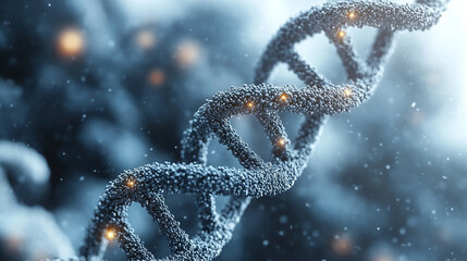 A futuristic spinning DNA strand surrounded by genetic codes and abstract geometric shapes, symbolizing advanced biotechnology, genetic research, and the future of human evolution