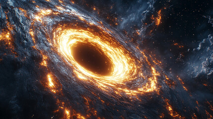 A massive black hole at the center of a cosmic nebula, symbolizing the gravitational pull of the universe, surrounded by a storm of light and shadows in the vastness of space