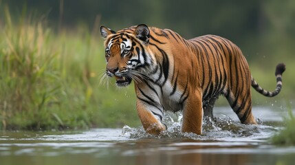 Obraz premium Majestic Tiger Walking Through Shallow Water in Natural Habitat