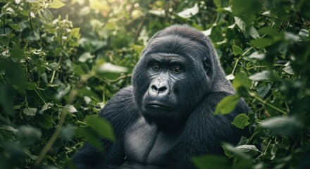 Fototapeta premium Gorilla Portrait in Lush Greenery, Calm Gaze in Natural Habitat