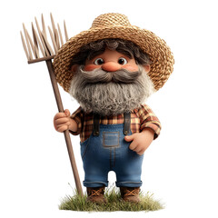 Fluffy 3D Cartoon Farmer Gnome with Glowing Pitchfork Isolated on Transparent Background