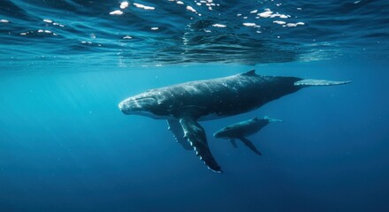 Fototapeta premium Humpback Whale Mother and Calf Swimming Together in Deep Blue Ocean