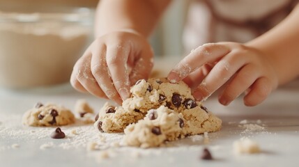 Child's hands shaping cookie dough