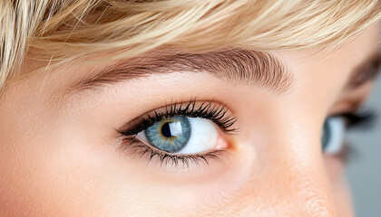 Fototapeta premium Close-up of woman's blue eye, blonde hair, beauty