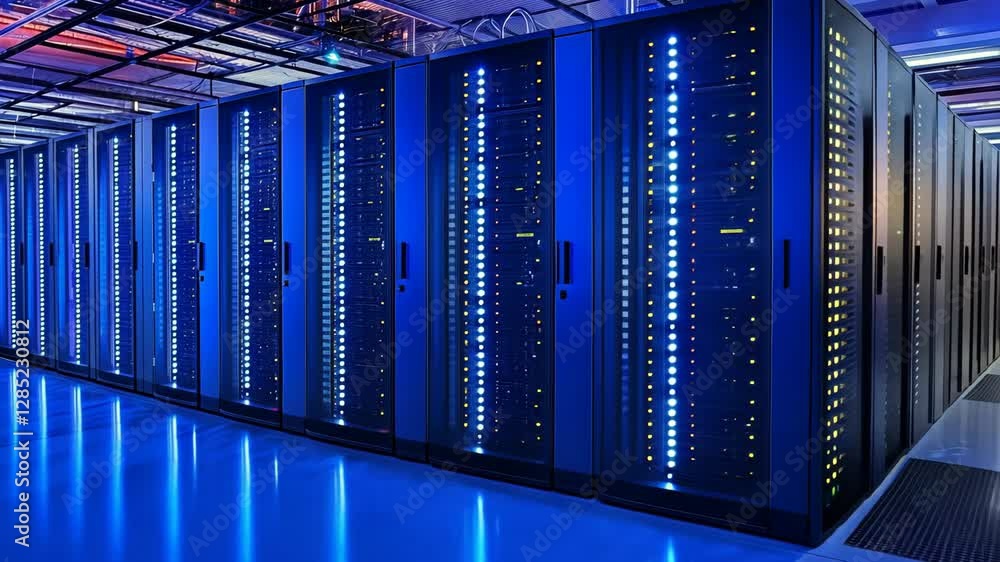 Poster modern server room with blue lighting showcasing advanced technology and efficient design for data m