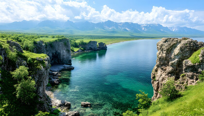 Coastal cliffs, clear water, mountain backdrop; serene summer landscape