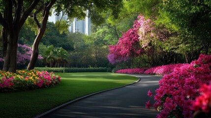 Fototapeta premium Vibrant park pathway lined with blooming flowers and lush greenery under a sunny sky