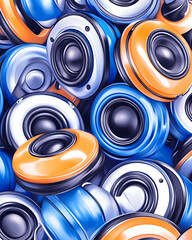 Colorful speakers pile, abstract background, music concept, website banner