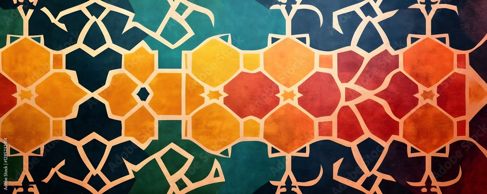 Poster intricate patterned artwork featuring geometric shapes and vibrant color palette