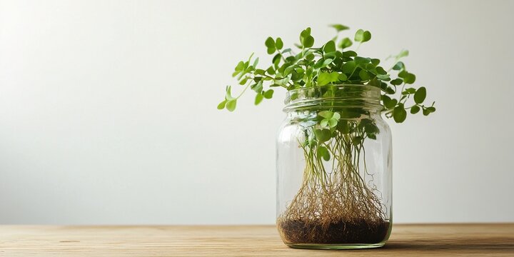 Lush Marsilea Plant in Glass Jar with Visible Roots on Wooden Table - Elegant Still Life with Soft Lighting and Copy Space