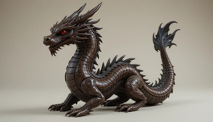 Obraz premium Anime style chocolate sculpture of a dragon featuring red eyes and a black tail with intricate designs and a glossy finish on a neutral background