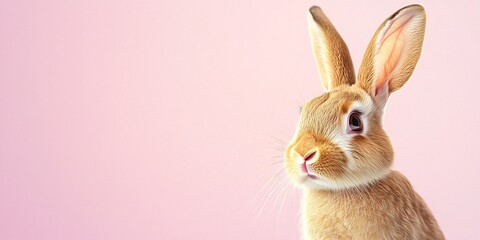 Fototapeta premium Curious Brown Bunny with Perked-Up Ears on Pastel Gradient Background – Adorable Animal with Soft Fur Texture and Copy Space for Modern Designs