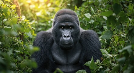 Obraz premium Magnificent Silverback Gorilla Portrait Surrounded by Lush Greenery and Natural Light
