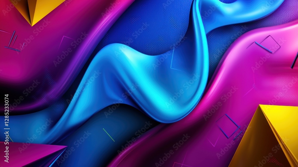Poster vibrant abstract fabric waves in blue and pink hues with geometric shapes creating depth