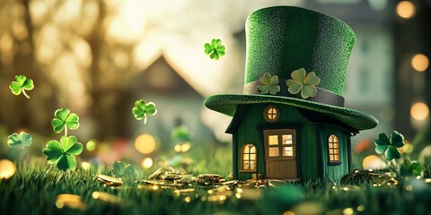 Tiny 3D Green House Under a Floating Leprechaun Hat with Gold Coins and Glowing Clovers – Fantasy Ultra-Realistic 8K