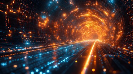 Obraz premium A digital tunnel of data and technology, pulsating with energy.