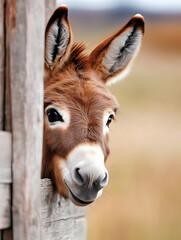 Obraz premium Curious donkey peeking through fence in farm field