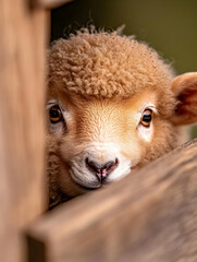 Fototapeta premium Cute lamb peeking from wooden fence, farm background, spring