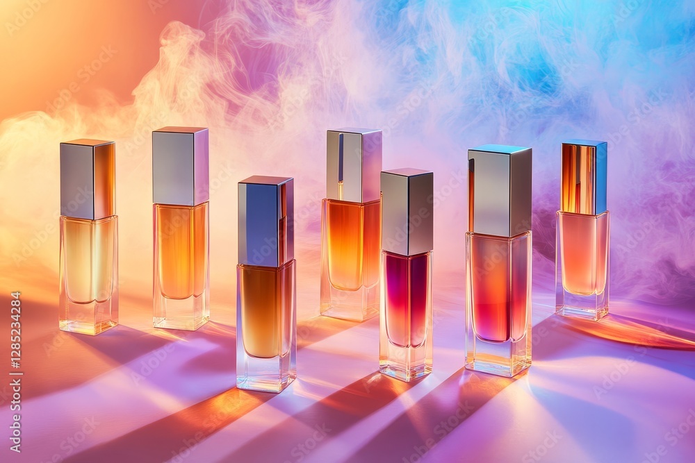 Poster Elegant Display of Colorful Perfume Bottles in Smoky Background