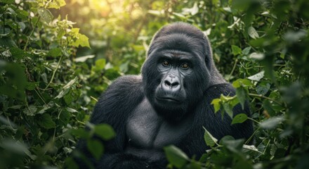 Obraz premium Majestic Gorilla Resting in Lush Green Forest Habitat Portrait