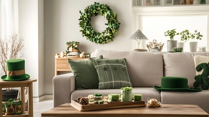 Festive Minimalist Living Room with St. Patrick’s Day Decorations, Green Accents, and Themed Treats on Wooden Coffee Table