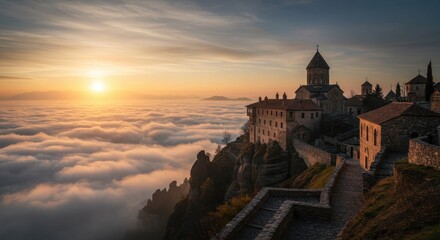 Fototapeta premium Monastery Atop Meteora Cliffs Surrounded by Sea of Clouds at Sunrise