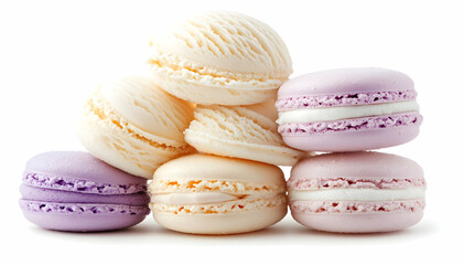 Delicious pastel macarons, dessert stack, white background, food photography, recipe website