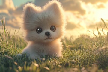 A close-up of a fluffy puppy with big, sparkling eyes sitting on a grassy field,
