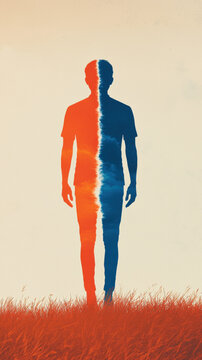 Conversion disorder psychology cognitive FND. Silhouette of a person divided into orange and blue colors in a grassy field.
