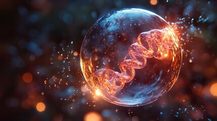 A DNA molecule is encapsulated in a water bubble against a vibrant, splashing background.