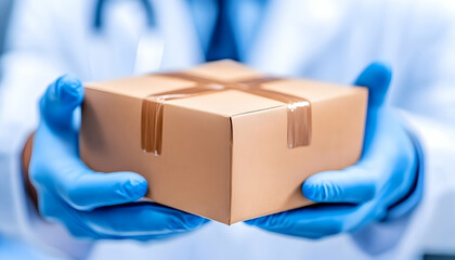 Doctor hands holding package; medical delivery