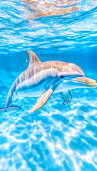 Fototapeta premium Dolphin swimming in turquoise ocean, underwater view