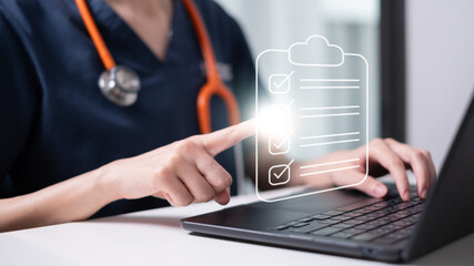 Professional doctor holding checklist clipboard document health care medicals medicine report concept