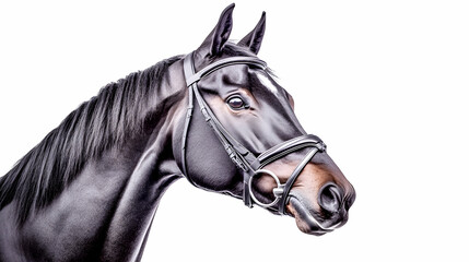 Elegant black horse portrait, bridle, white background