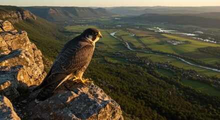 Peregrine Falcon Perched on Rocky Cliff Overlooking Scenic Mountain Valley