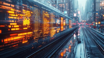 Fototapeta premium Train station with glowing AR schedules and navigation, bustling urban backdrop, soft natural lighting, photorealistic