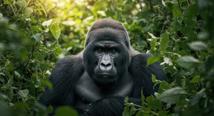 Powerful Gorilla Portrait in Natural Habitat Surrounded by Lush Greenery