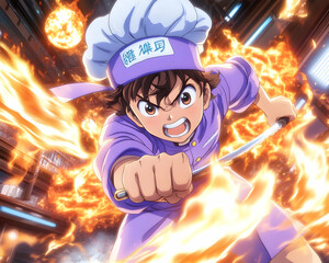 Fiery Chef Action Anime Kitchen Scene