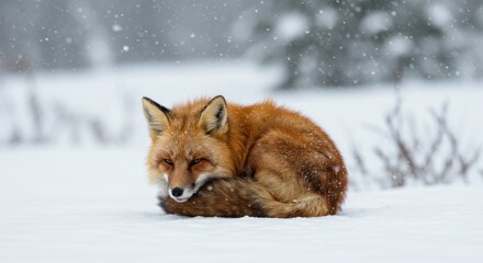 Obraz premium Resting Red Fox Curled Up in Snow During a Winter Snowfall