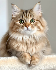 Obraz premium Fluffy cat rests on cat tree, indoor setting. Pet portrait for website