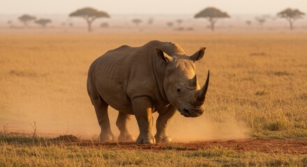 Fototapeta premium Rhino Walking Through Savannah at Sunrise Dust Cloud Natural Habitat