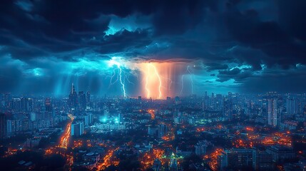 Obraz premium A dramatic lightning storm illuminating a cityscape at night, showcasing the power of nature and the contrast between light and darkness