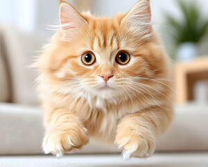 Fluffy ginger kitten playing indoors on sofa